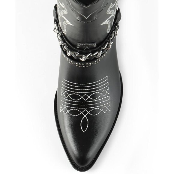 🆕Women Black Cowboy Boot with Chain Pointy Toe Heel Pull on Style Western Boots - Picture 3 of 7
